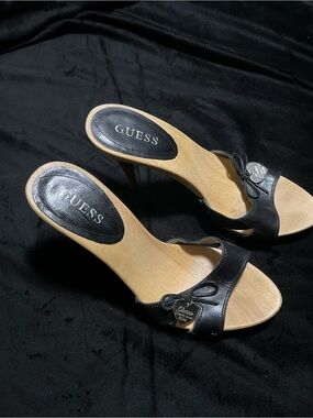 Vintage GUESS Y2K Black Leather Wooden Platform Mules with Heart Charm